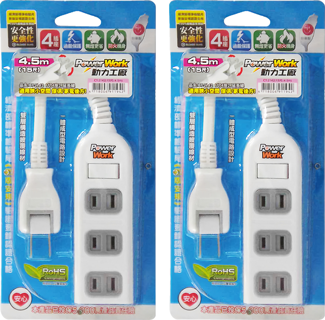 PowerWork 動力工廠 1切4座2P延長線 CT2142, 4.5m, 白色, 2條