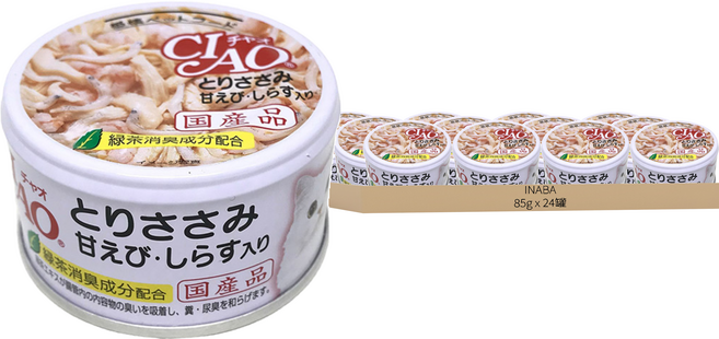 INABA CIAO 啾嚕 旨定罐 20號 85g 綠茶消臭成分配合 日本產, 雞肉 + 甜蝦 + 吻仔魚, 24罐