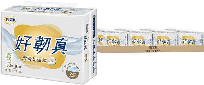 倍潔雅 好韌真 抽取式衛生紙 3層 100張, 10包, 16袋