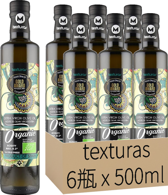 texturas 瑪伊娜有機100%冷壓初榨特級橄欖油, 500ml, 6瓶