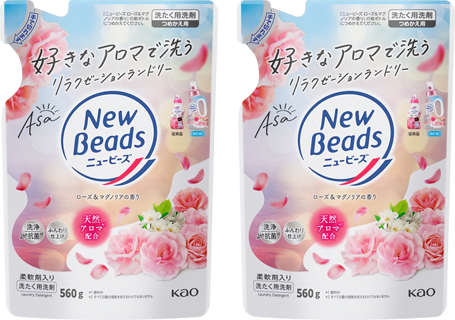 Kao 花王 New Beads 植萃香氛洗衣精補充包 玫瑰木蘭花, 560g, 2包