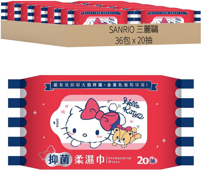 Aguchi 亞古奇 Hello Kitty 抑菌柔濕巾, 1入, 36包