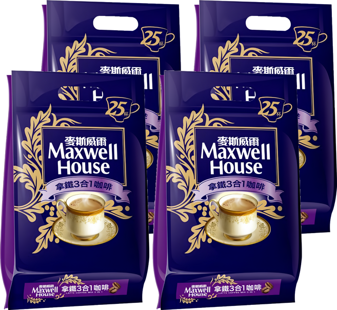 Maxwell House 麥斯威爾 拿鐵3合1咖啡, 14g, 25包, 4袋