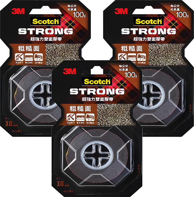 3M Scotch 超強力雙面膠帶 粗糙面 V1803N 18mm x 1.5m, 紅色, 3捲