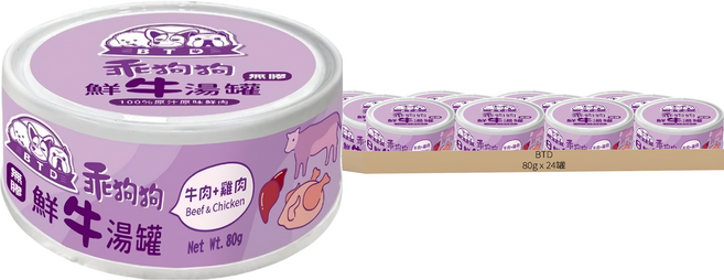 BTD 乖狗狗 無膠鮮牛犬湯罐 80g, 牛肉 + 雞肉, 24罐