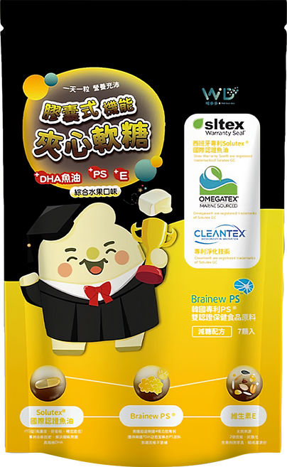 WD 唯多多 膠囊式機能夾心軟糖 DHA魚油 + PS + E, 25.2g, 7顆, 1袋