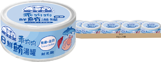 BTD 乖狗狗 無膠鮮鮪犬湯罐, 鮪魚 + 雞肉, 80g, 24罐