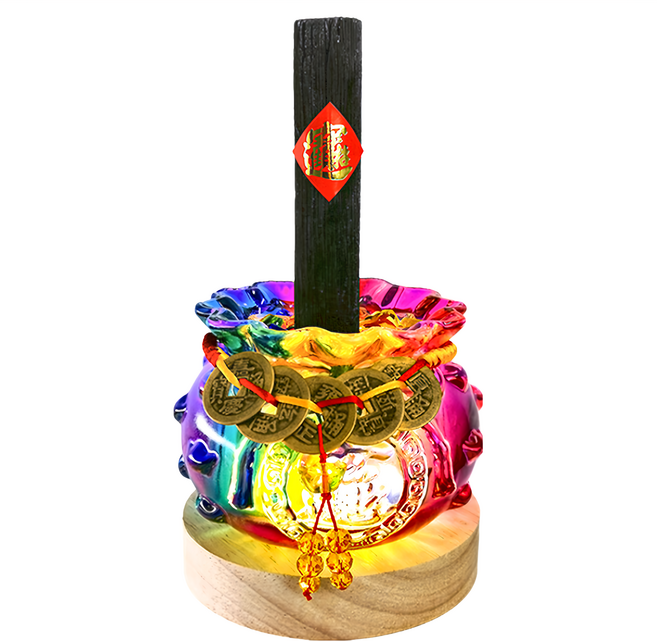 財神小舖 已開光 一直炭五帝錢袋聚寶盆 備長炭 13~15cm + 琉璃錢袋聚寶盆 7 x 8cm + 實木LED燈底座10cm + 五帝錢套繩 + 多色小元寶 120g + 招財進寶貼紙 轉運彩 1個