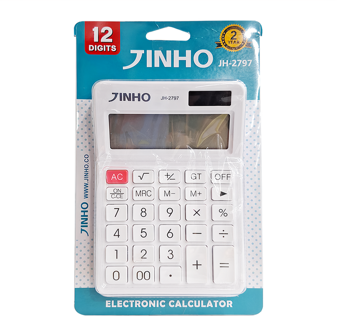 JINHO 京禾 12位元計算機 太陽能/電池雙重電源供應 12位元大型LCD數字顯示, 白色, 1個