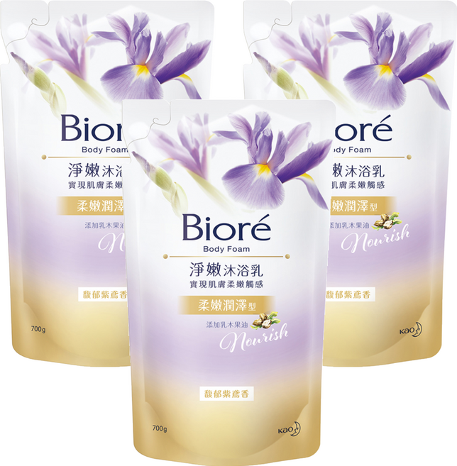 Biore 蜜妮 台灣公司貨 淨嫩沐浴乳 馥郁紫鳶香 柔嫩潤澤型 補充包, 700g, 3包