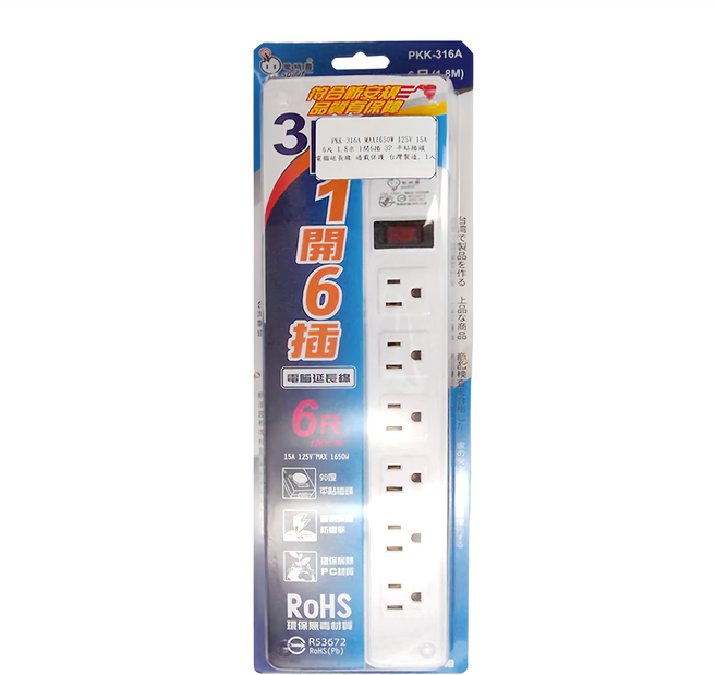 spirit 電精靈 MAX 1650W 125V 15A 1.8m 1開6插 3P 平貼插頭 電腦延長線 PKK-316A, 白色, 1條