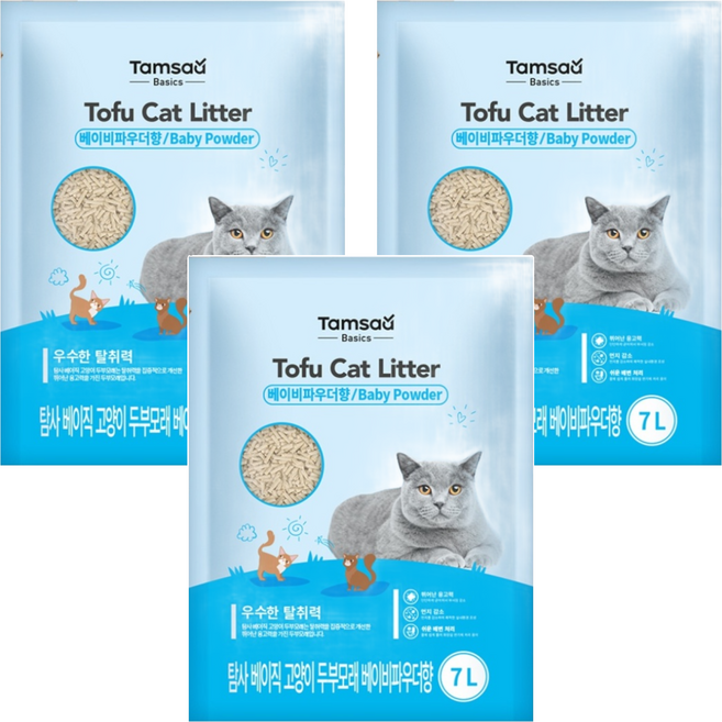 Tamsaa Basics 豆腐貓砂, 嬰兒爽身粉, 7L, 3袋