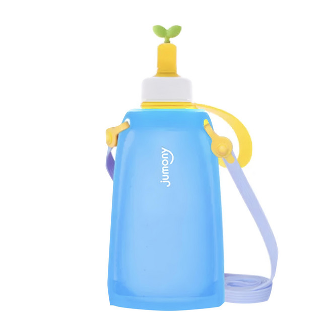 Sillymann 100%兒童便攜捲式鉑金矽膠水瓶 300ml 不變形 易清洗 可用開水和微波爐 奶瓶消毒鍋消毒 雙層杯蓋不用擔心有水漏出, 湖水藍, 1個