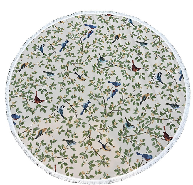 Homely Zakka 美式氛圍感加厚棉麻緹花圓桌巾, 120cm, 綠叢之鳥, 1個