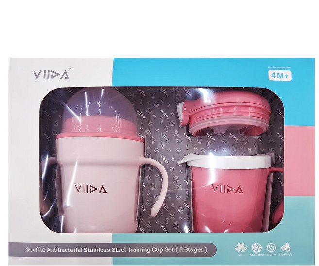 VIIDA Soufflé 三階段抗菌不鏽鋼學習杯組, 330ml, 1組, 甜心粉