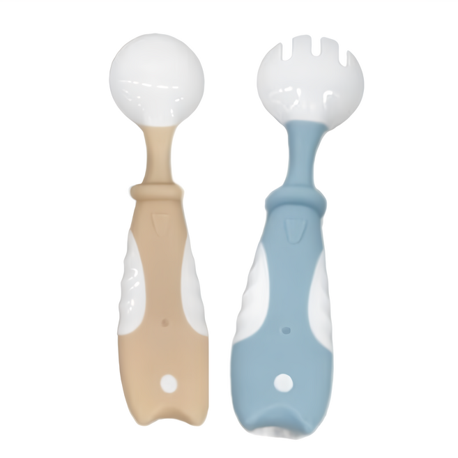 PUKU 藍色企鵝 樂彎學習湯叉組 P14332-799 4個月以上, 湯匙 + 叉子 + 收納盒, 藍色 + 咖啡色 + 白色, 1組