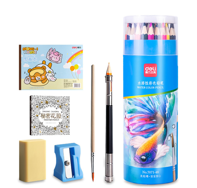 deLi 得力 AHOYE 48色水性色鉛筆 附延長器 + 橡皮擦 + 削鉛筆機 + 畫圖本, 藍色, 1組