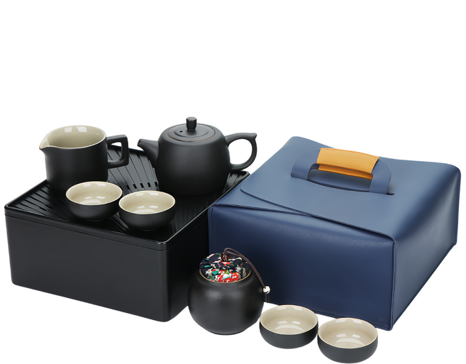 BOACUP 旅行茶具組 附藍色方形皮袋, 井藍壺 + 茶海 + 公道杯 + 茶罐 + 茶杯4個 + 收納盒, 1組, 藍色