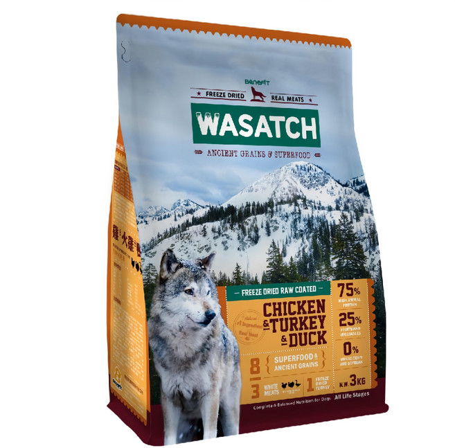 WASATCH 瓦莎奇 全齡犬 原生犬糧裹凍乾, 3kg, 1袋, 3種白肉(雞肉 + 火雞 + 鴨)