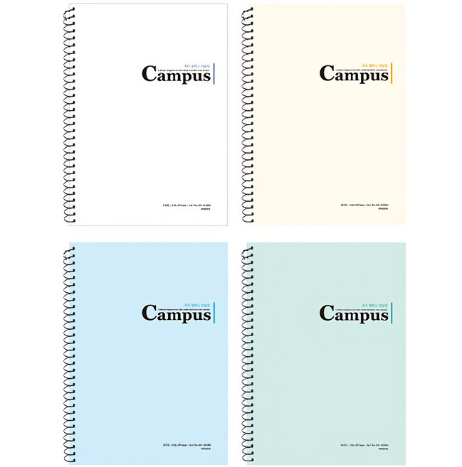 misoro Campus 字樣 A4筆記本 4本, 白色 + 淺黃色 + 藍色 + 薄荷綠色, 1組