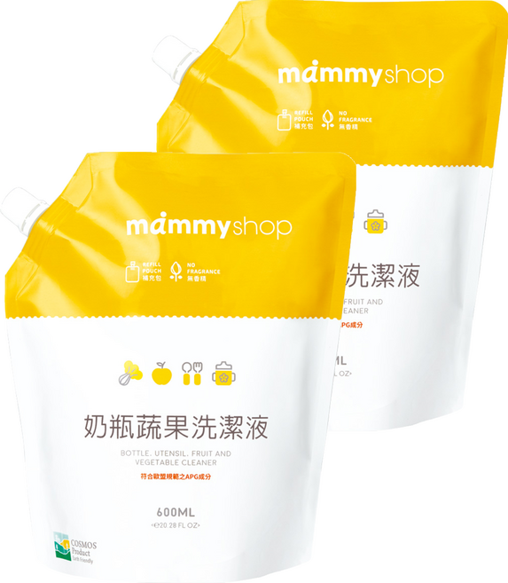 mammyshop 媽咪小站 奶瓶蔬果洗潔液補充包, 600ml, 2包