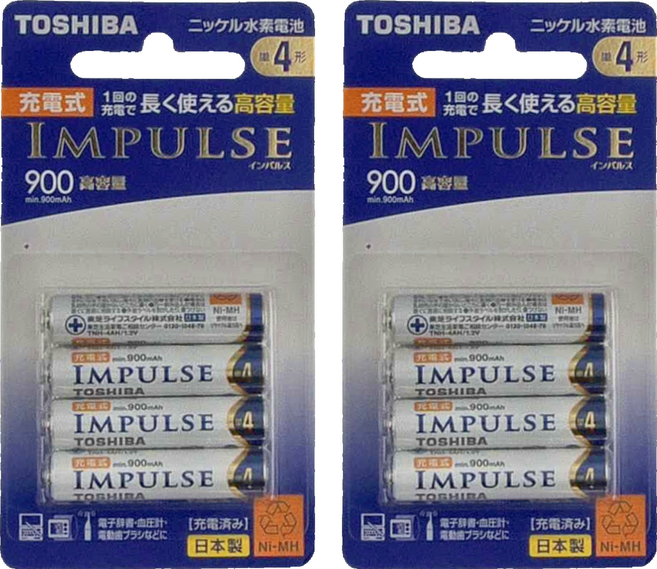 TOSHIBA 東芝 4號低自放電鎳氫充電電池 高容量 TNH-4AH 4P, 4顆, 2組