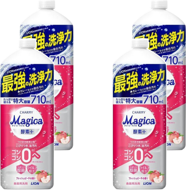 LION 獅王 CHARMY Magica 速乾除菌洗碗精 補充瓶 酵素蜜桃, 710ml, 4瓶