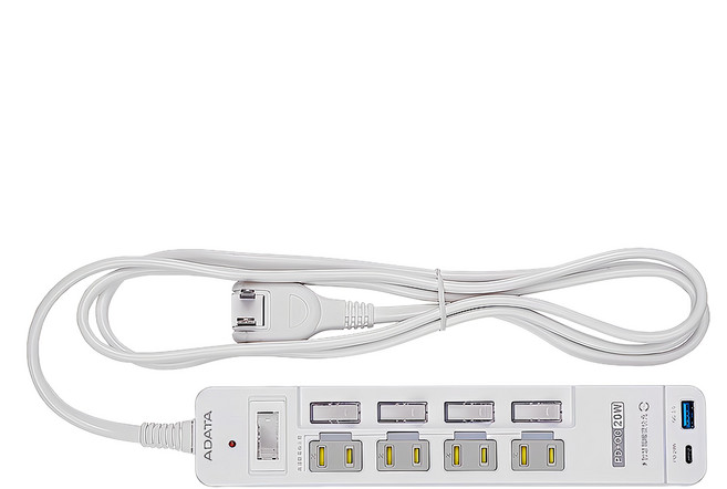 ADATA 威剛 4插5開快充PD + QC延長線 2孔 K-52PLC 422g, 1.8m, 白色, 1個