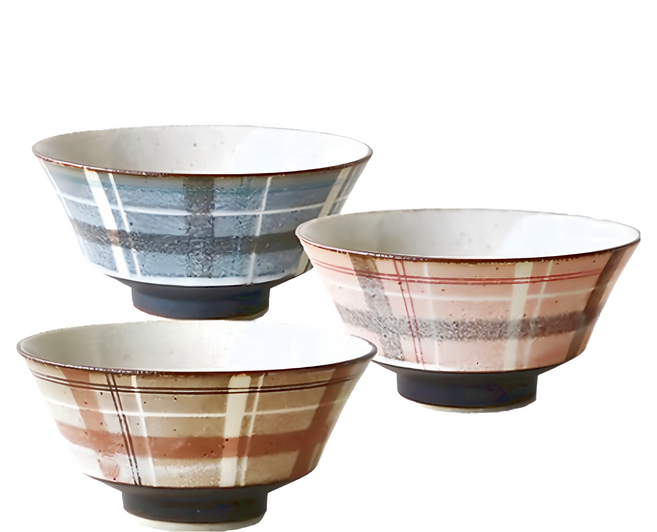 AWASAKA 粟坂 RACHE格紋碗3件組 直徑180 x 90mm, 藍色 + 棕色 + 粉色, 1組