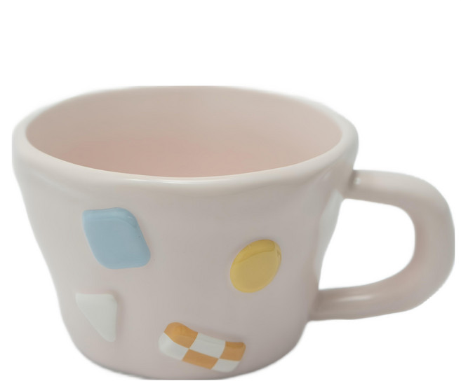 MYUMYU 沐慕家居 拼貼色塊陶瓷咖啡杯 有提把 400ml, 淺粉色, 1個