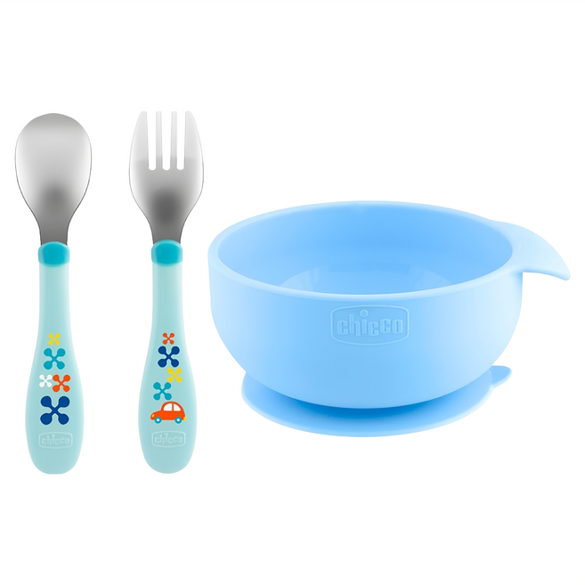 chicco 好好吃飯兒童學習餐具禮盒, 矽膠吸盤碗 + 叉子 + 湯匙, 藍色, 1組