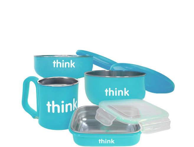 thinkbaby 環保不鏽鋼兒童餐具組, 餐盒 + 湯碗 + 淺口碗 + 水杯, 藍色, 1組