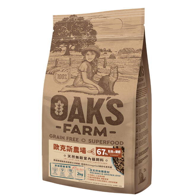 OAK'S FARM 天然無穀 室內貓飼料, 鮭魚 + 磷蝦, 2000g, 1袋