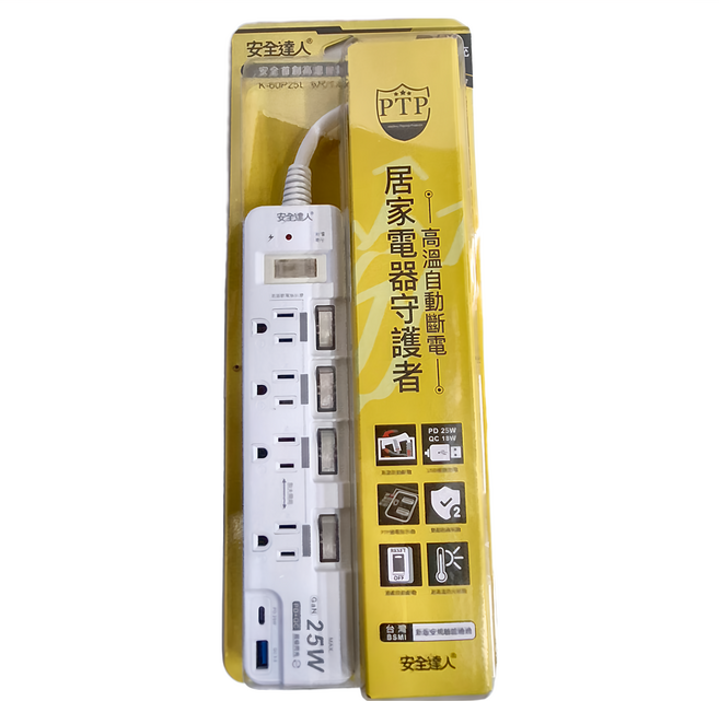 安全達人 延長線 K-60P25L 5開4插3P 25W 6尺, 1.8m, 白色, 1個