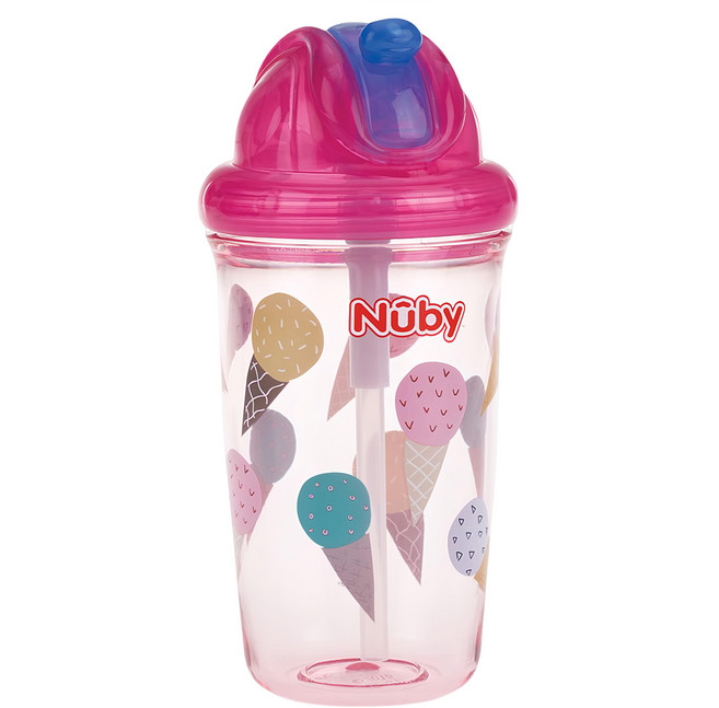 Nuby 晶透學飲杯 粗吸管, 粉色, 300ml, 1個