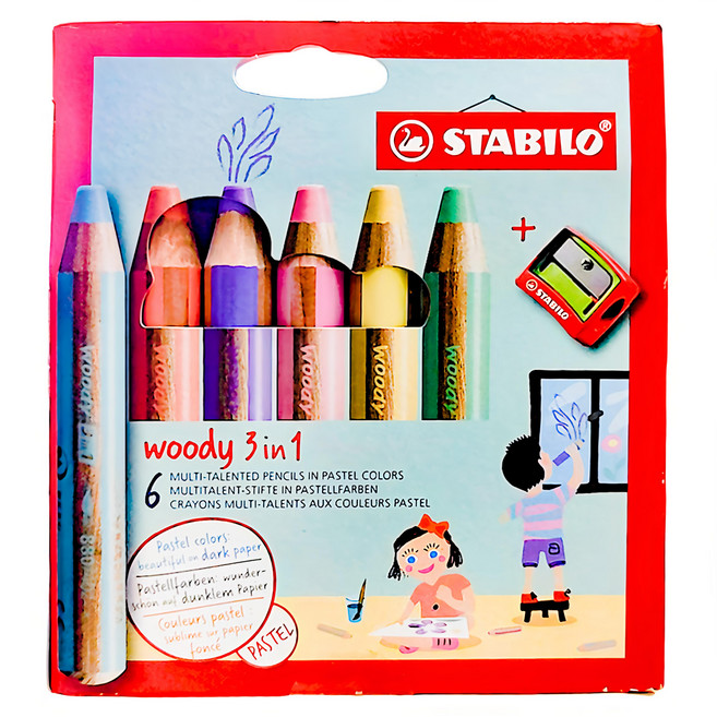 STABILO 思筆樂 伍迪樂 3合1水彩粉蠟筆 馬卡龍色6色 + 削筆器 ST8806-3, 6色, 1組