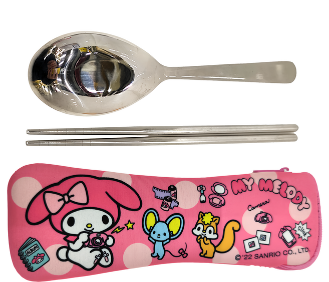 MY MELODY 美樂蒂 潛水布不鏽鋼餐具組, 湯匙 + 筷子 + 收納包, 1組