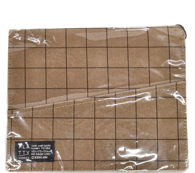 KING JIM FLATTY WORKS多用途帆布收納袋 5460-L103 122 x 172 x 35mm, 格紋 限定款 棕色 + 黑色, 1個