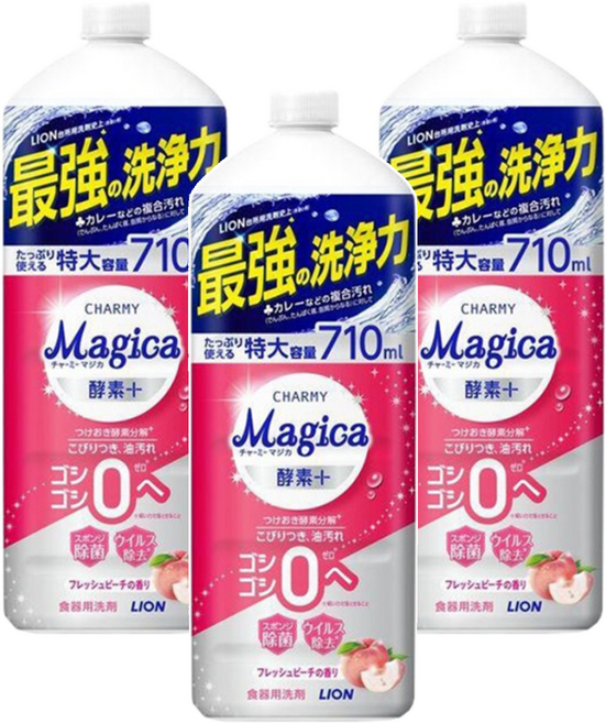 LION 獅王 CHARMY Magica 速乾除菌洗碗精 補充瓶 酵素蜜桃, 710ml, 3瓶