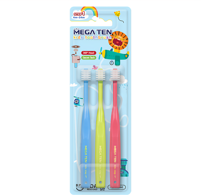 MEGA TEN 360度兒童牙刷第一階段3件組, 藍色+黃色+粉色, 3支, 1組