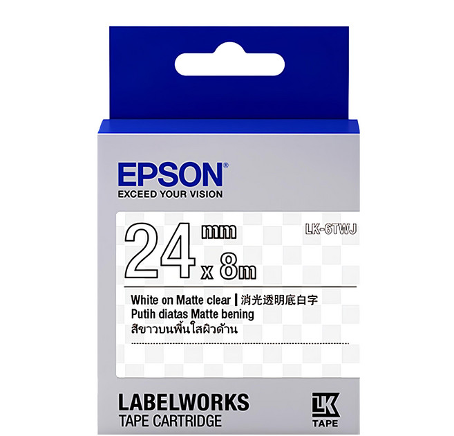 EPSON 消光霧面系列 標籤帶 24mm, 8m, 透明底白字
