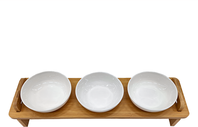 CatFeet 好好吃陶瓷碗 立體高腳竹架 三碗 48 x 13.5 x 9cm, 立體高腳竹架 + 陶瓷, 1組