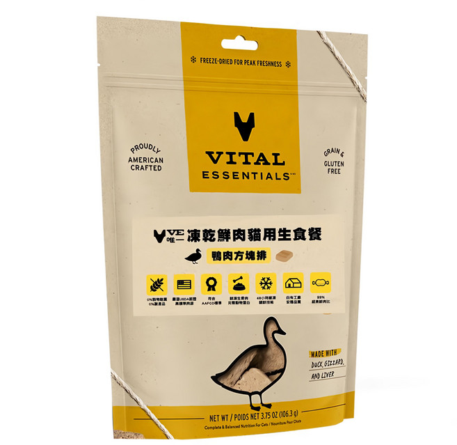 VITAL ESSENTIALS 凍乾鮮肉貓用生食餐, 鴨肉方塊排, 3.75oz, 1包