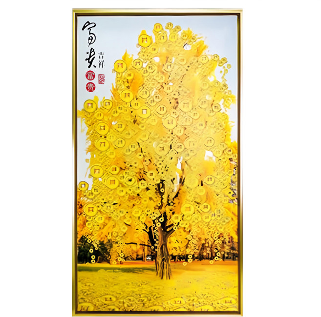 財神小舖 開運風水畫 帶畫框 SPAN-017, 富貴生財 金黃色