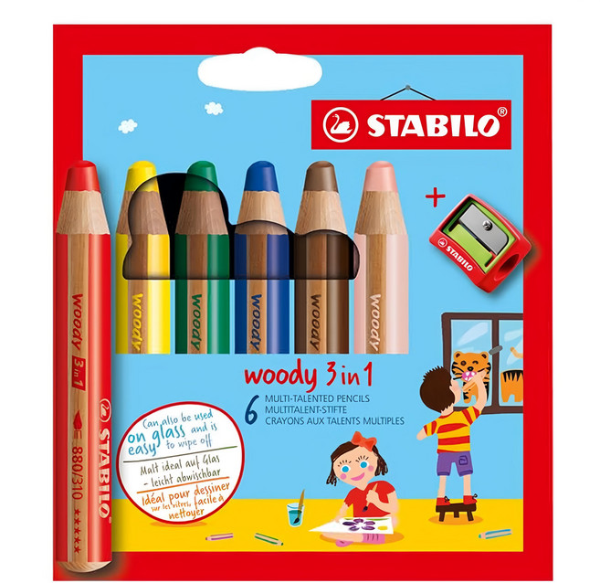 STABILO 思筆樂 Woody 3合1 多彩粉蠟筆+ 削筆器, 6色, 1組