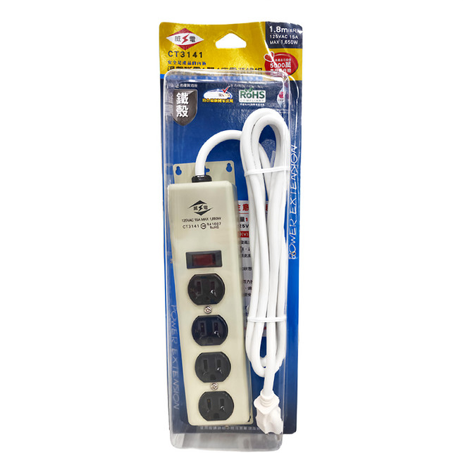 WeiTien 威電 過載斷電1開4座3P電源延長線組 27.7 x 6.1 x 3.8cm, 1.8m, 白色 + 黑色, 1條