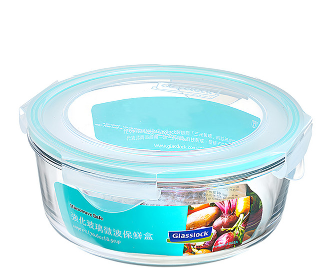 Glasslock 格拉氏洛克 圓形強化玻璃微波保鮮盒 2090ml, 透明色, 1個