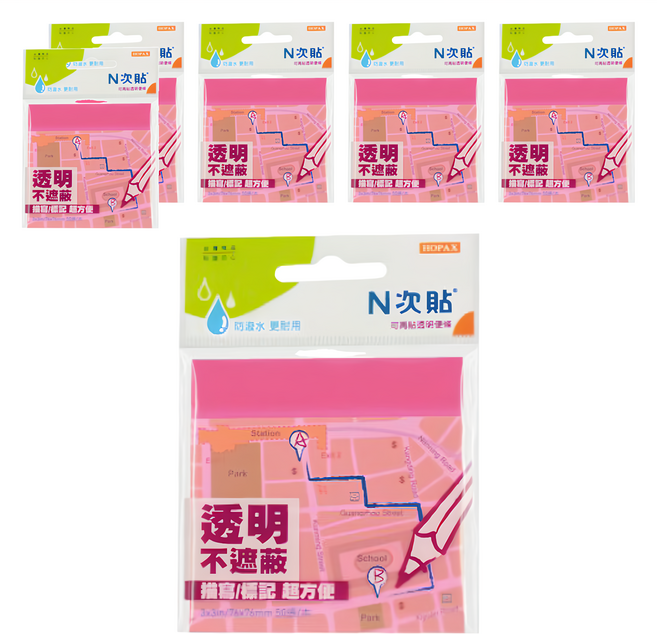N次貼 螢光透明便條本 洋紅色, 50片, 6本