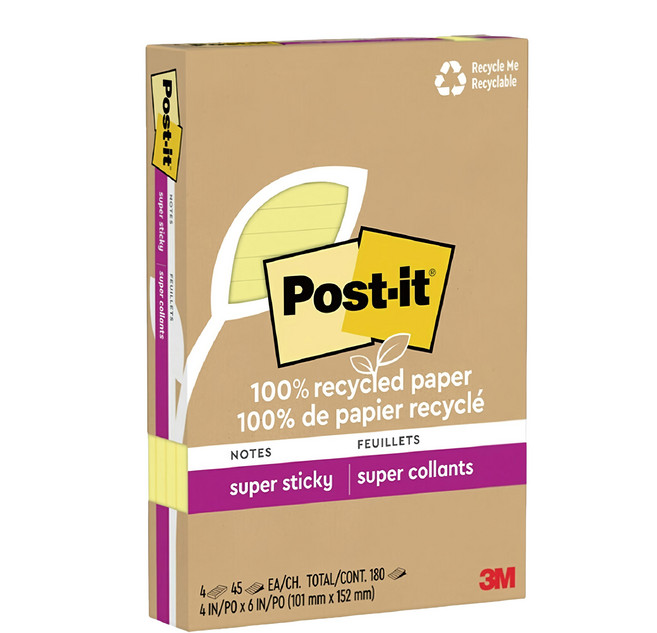 3M Post-it 利貼 狠黏100%環保再生紙 4 x 6橫格便條紙, 黃色, 1入, 4本