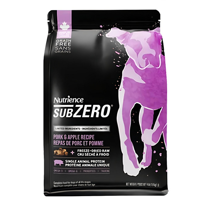 Nutrience SUBZERO 單一蛋白黑鑽頂級無穀犬糧 + 凍乾, 美膚豬肉 + 蘋果, 1.8kg, 1袋